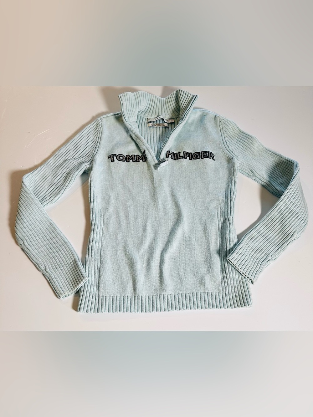 Tommy Hilfiger Womens Sz Med Quarter Zip Ribbed Cotton Sweater Light Blue Logo